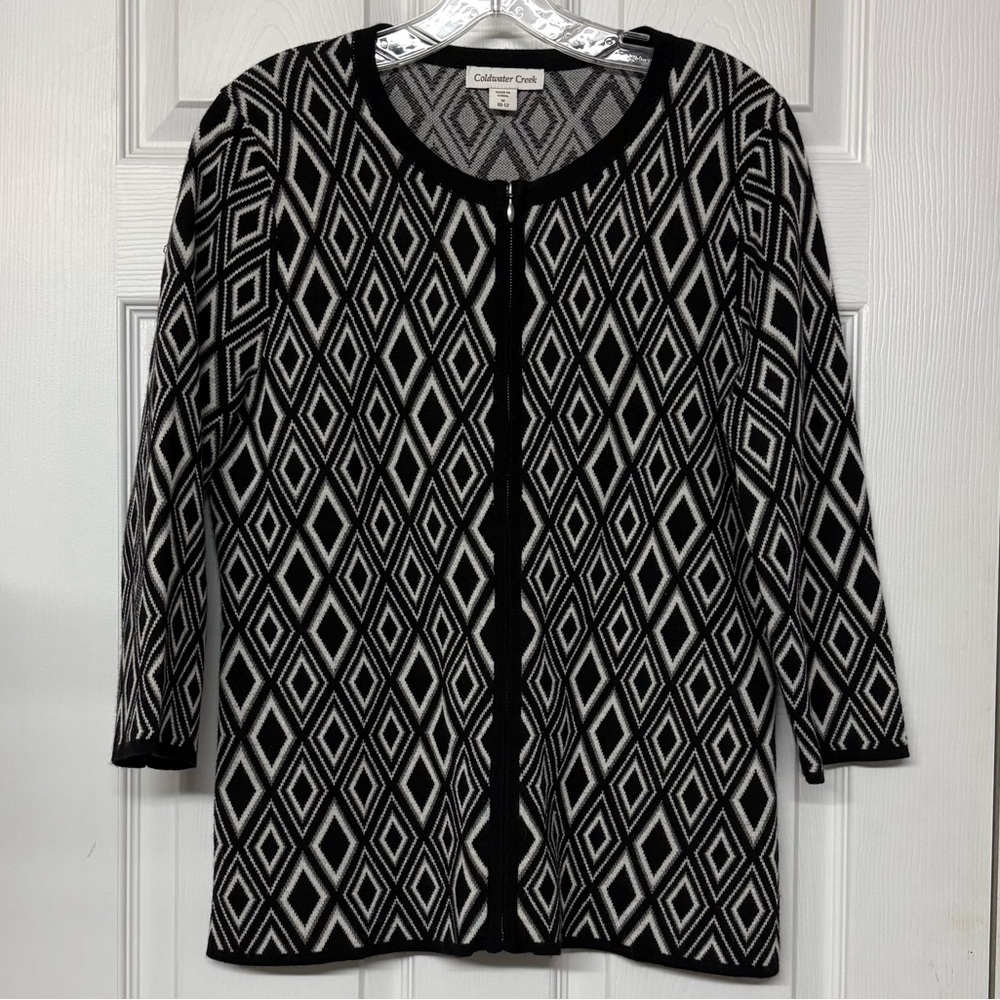 Coldwater Creek Merino Wool Blend Zip Front Cardigan Black & Cream Sz M
